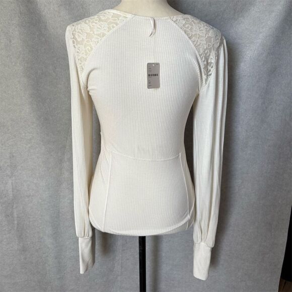 FP M Ivory Ribbed Lace Frill Square Neck Long Sleeve Blouse Y2K Romantic - Picture 2 of 7